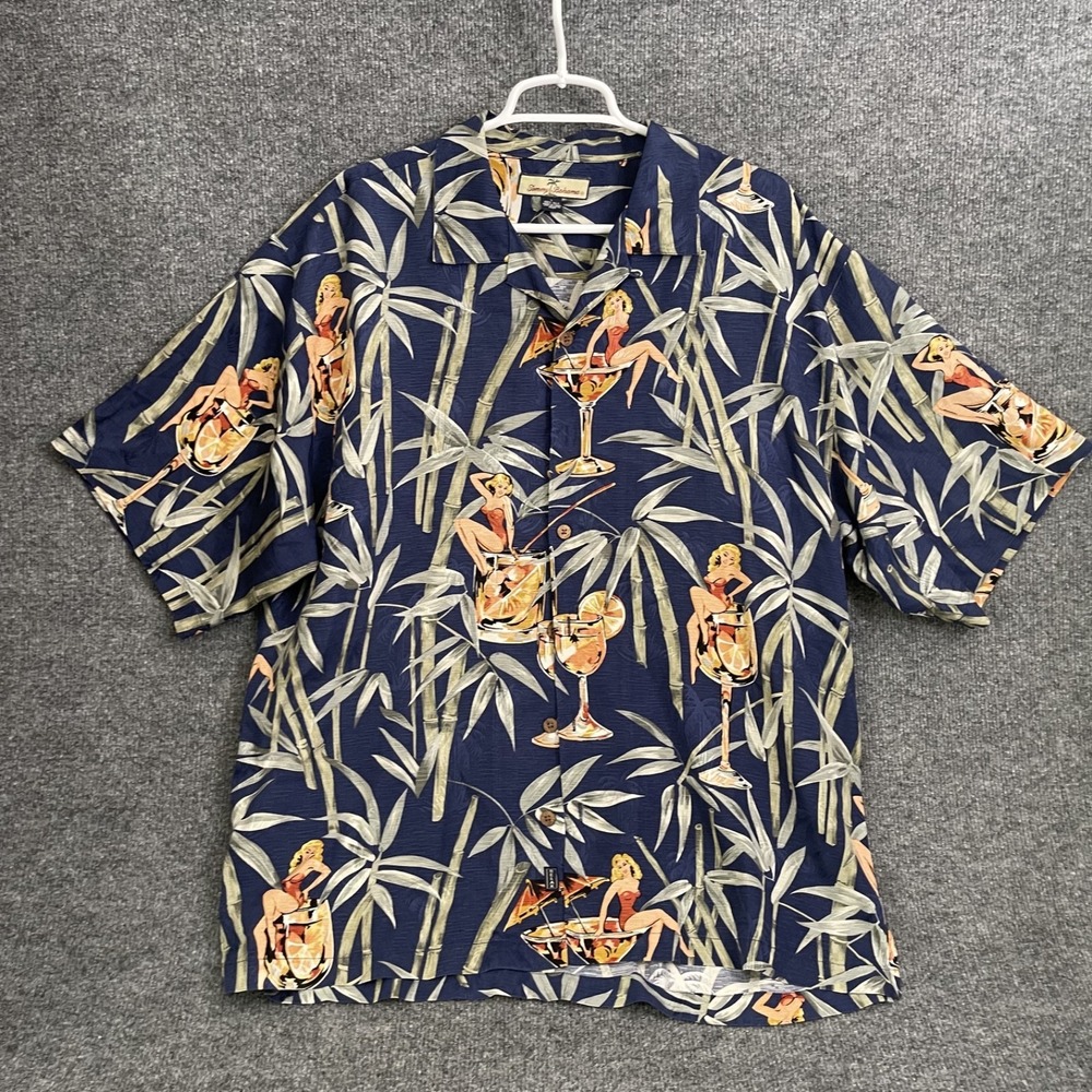 Tommy Bahama Silk Hawaiian Shirt Mens Sz L Pinup Girl Cocktail Bamboo Blue